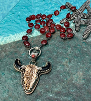 Natural red, rich, carnelian gemstone bezel necklace with hand-carved Tibetan silver pendant