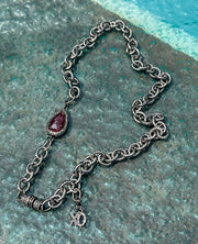 Red sapphire and pave diamond textured cable link necklace