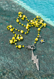 Faceted, fire polished yellow Czech glass bead chain with pave diamond lobster clasp and lightning bolt pendant