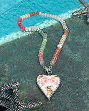 Hand-knotted pastel gemstone necklace with bunny pendant of vintage china piece and pave diamond lobster clasp