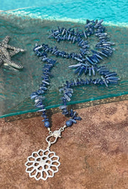 Blue kyanite gemstone spike wrap necklace with pave diamond lobster clasp and pave diamond flower pendant