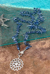 Blue kyanite gemstone spike wrap necklace with pave diamond lobster clasp and pave diamond flower pendant