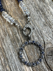 Natural blue tanzanite and diamond pendant with knotted jade and rock crystal gemstone necklace