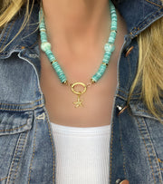 Natural Peruvian amazonite Heishi gemstone and aragonite necklace with diamond clasp and diamond starfish pendant