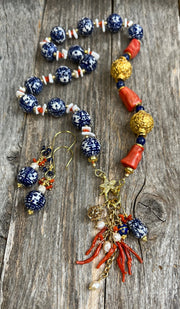 High-end, Chinoiserie porcelain, coral and gemstone necklace & earrings