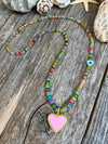 Rainbow Ethiopian opal necklace with pink diamond heart pendant