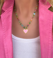 Rainbow Ethiopian opal necklace with pink diamond heart pendant