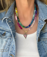 Capri - 39.25” hand-knotted rainbow gemstone necklace with diamond lobster clasp and diamond and pink sapphire heart pendant