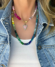 Capri - 39.25” hand-knotted rainbow gemstone necklace with diamond lobster clasp and diamond and pink sapphire heart pendant