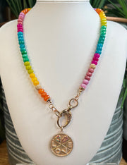 Rainbow gemstone knotted necklace with diamond and sapphire "LOVE" pendant in rose gold