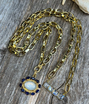Exquisite blue sapphire, moonstone and diamond pendant with moonstone connector on chunky gold paperclip chain