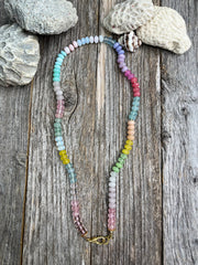 Hand-knotted rainbow gemstone necklaces with diamond, gold and silver clasps