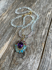 Knotted pastel aquamarine gemstone necklace with amethyst, diamond, ruby and blue topaz pendant