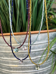 Semiprecious seed bead gemstone necklaces with beautiful, crystal clear, various colored gemstone briolettes
