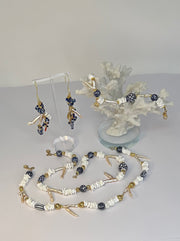 Chinoiserie 4-piece set of mother of pearl, shell, porcelain Chinoiserie beads, lapis, natural coral - Low Country Chinoiserie lux pieces