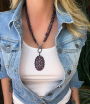 Large rhodolite and diamond gemstone pendant with lepidolite gemstone bead and rhodium chain necklace