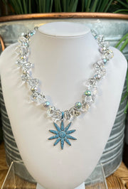 Gorgeous rock crystal quartz and lava stone with turquoise gemstone star pendant