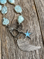 Diamond angel wing and star pendants with beautiful larimar gemstone bezel chain and pave diamond lobster clasp