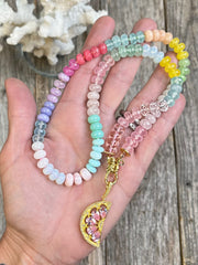 Sparkling Grapefruit - Knotted pastel rainbow semiprecious gemstone necklace with genuine diamond and pink quartz grapefruit slice pendant