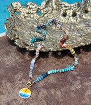 Huntington Beach - 34" large 10-12mm semiprecious gemstone knotted necklace with gorgeous pave diamond and gold sunset pendant