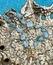 Pave diamond and enamel rainbow pendant with gorgeous larimar gemstone bezel chain and pave diamond lobster clasp