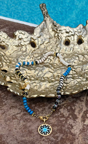 Ocean Voyage - Hand-knotted semiprecious gemstone bead necklace with pave diamond lobster clasp and pave diamond and enamel compass pendant