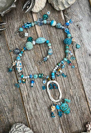 Funky Halloween Menagerie III - Gemstones and hand-blown glass beads, charms in shades of blue and silver