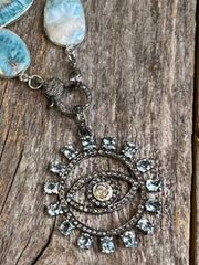 Polki and pave diamond with ice blue topaz evil-eye pendant and gorgeous large-cut larimar gemstone bezel chain necklace