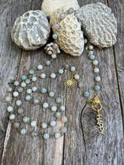 Amazonite gemstone rosary bead chain with pave diamond "HAPPY" pendant and diamond bohemian sun charm