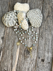 Amazonite gemstone rosary bead chain with pave diamond "HAPPY" pendant and diamond bohemian sun charm
