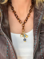 Blue peacock freshwater baroque pearls and tortoise shell lariat, extender necklace and bracelets