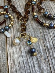 Blue peacock freshwater baroque pearls and tortoise shell lariat, extender necklace and bracelets
