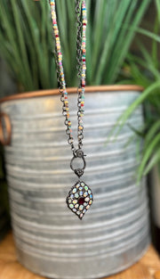 Ethiopian fire opal, diamond and ruby pendant with multi-opal and aquamarine gemstone bead chain paired with rhodium chain and diamond clasp
