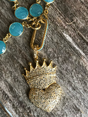 Gorgeous gold, pave diamond crown heart pendant, turquoise gemstone oval clasp on light blue aqua chalcedony gemstone coin bezel chain