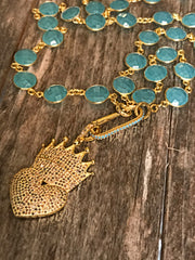 Gorgeous gold, pave diamond crown heart pendant, turquoise gemstone oval clasp on light blue aqua chalcedony gemstone coin bezel chain