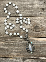 Labradorite, rainbow moonstone, pave diamond flower pendant with gorgeous white puff coin corundum gemstone bezel chain, diamond skull