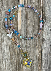 Fun & Trendy - Handmade Czech glass and pastel Heishi bead necklaces with crystal heart pendant and butterfly enamel charm