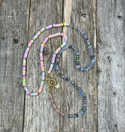 Fun & Trendy - Handmade Czech glass and pastel Heishi bead necklaces with crystal heart pendant and butterfly enamel charm