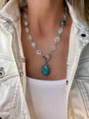 Genuine turquoise and diamond pendant with diamond lobster clasp and white rainbow moonstone and turquoise gemstone bezel