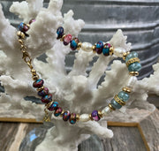 Purple Dahlia Kingman turquoise, mystic aquamarine and pave diamond hand-knotted gemstone bracelet