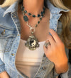 Neon apatite and grandidierite gemstone bezel necklace with large diamond lobster clasp and hand-carved Yin/Yang pendant