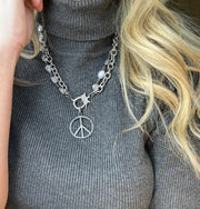Pave diamond and black spinel peace sign pendant with mystic moonstone and pave diamond owl lobster clasp