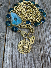 Neon apatite gemstone bezel with chunky matte gold chain and pave diamond clasp and pendant