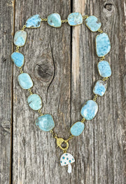 Stunning, large cut larimar gemstone bezel necklace with pave diamond lobster clasp and turquoise gemstone and enamel mushroom charm