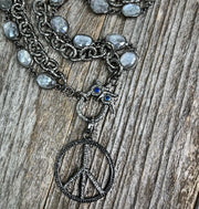 Pave diamond and black spinel peace sign pendant with mystic moonstone and pave diamond owl lobster clasp