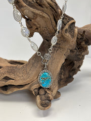Genuine turquoise and diamond pendant with diamond lobster clasp and white rainbow moonstone and turquoise gemstone bezel