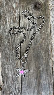 Textured silver link chain with pave diamond lobster clasp and pink enamel and diamond star pendant