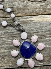 Natural pink opal briolette faceted gemstone bezel with natural pink opal, blue lapis lazuli and pave diamond pendant