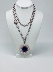 Natural pink opal briolette faceted gemstone bezel with natural pink opal, blue lapis lazuli and pave diamond pendant