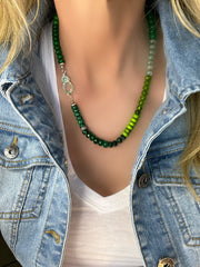 Shades of green, semiprecious gemstone hand-knotted bead necklace with green gemstone lobster clasp